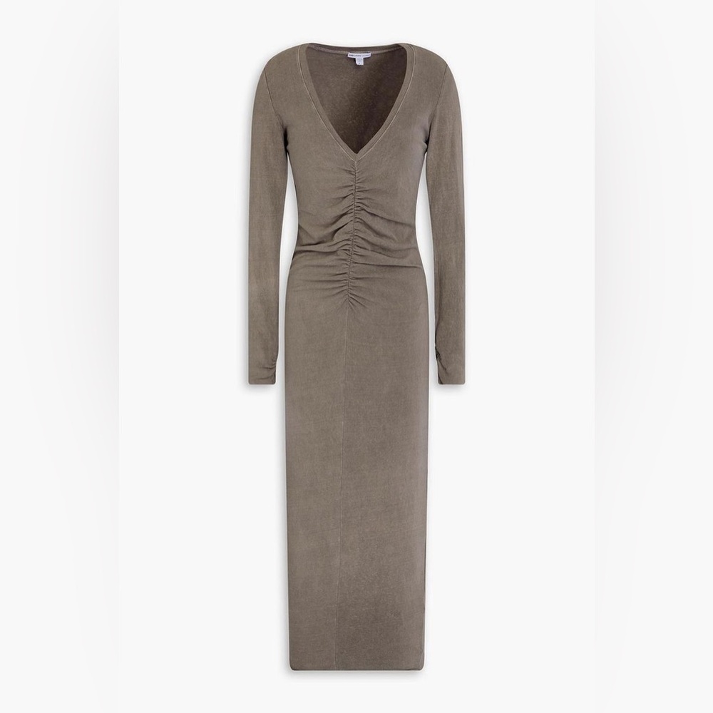 NWT James Perse Ruched Cotton-blend Jersey Midi Dress Olive Green Gray Medium